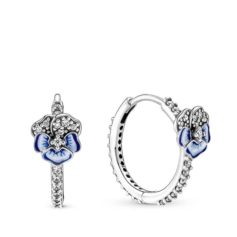 Pandora Blue Pansy Flower Enamel & CZ Hoop Earrings image number 1