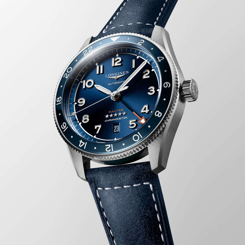 Longines Spirit Zulu GMT Watch Blue Dial Blue Leather Strap, 42mm image number 1