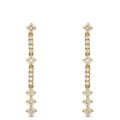 Classic Line Drop Round Diamond Earrings, 1 Carat Total Weight, 14K White and Yellow Gold