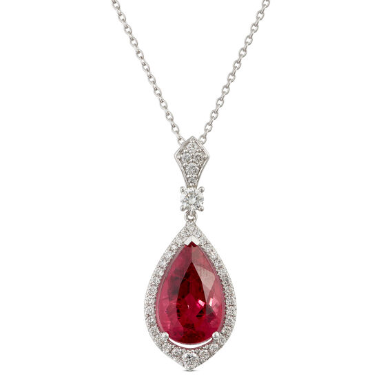Pear Rubelite & Diamond Halo Necklace 14K