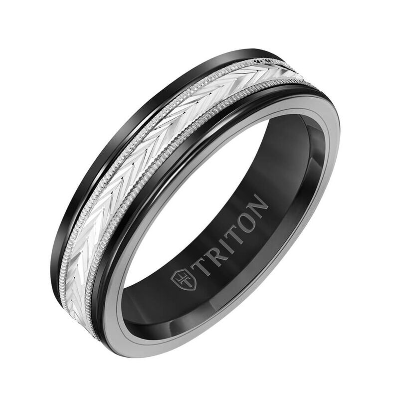 TRITON Custom Comfort Fit Herringbone Band in Black Tungsten & 14K, 6 mm image number 1