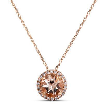 Round Morganite and Diamond Halo Pendant Necklace, 1/10 Carat, 14K Rose Gold