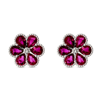 Floral Pear Shaped Ruby Studs with Round Accent Diamonds, 14K White Gold