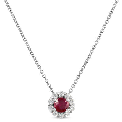Ruby Pendant Necklace With Diamond Halo, 14K White Gold