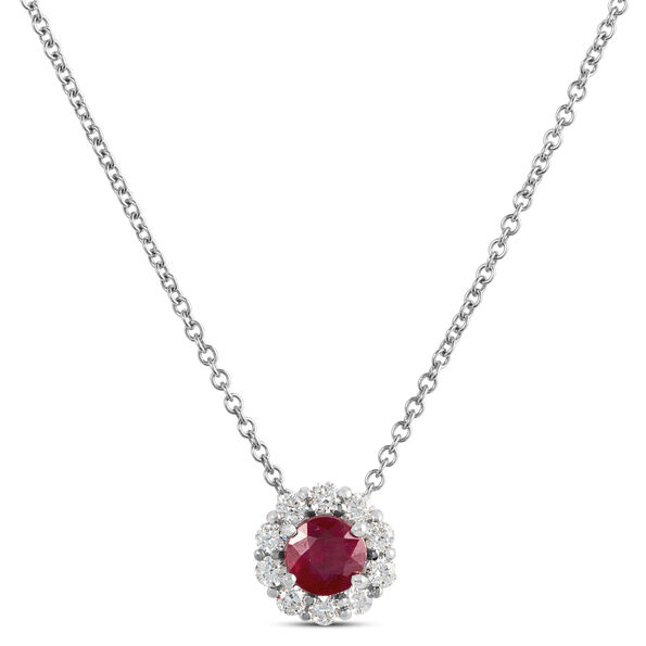 Ruby Pendant Necklace With Diamond Halo, 14K White Gold