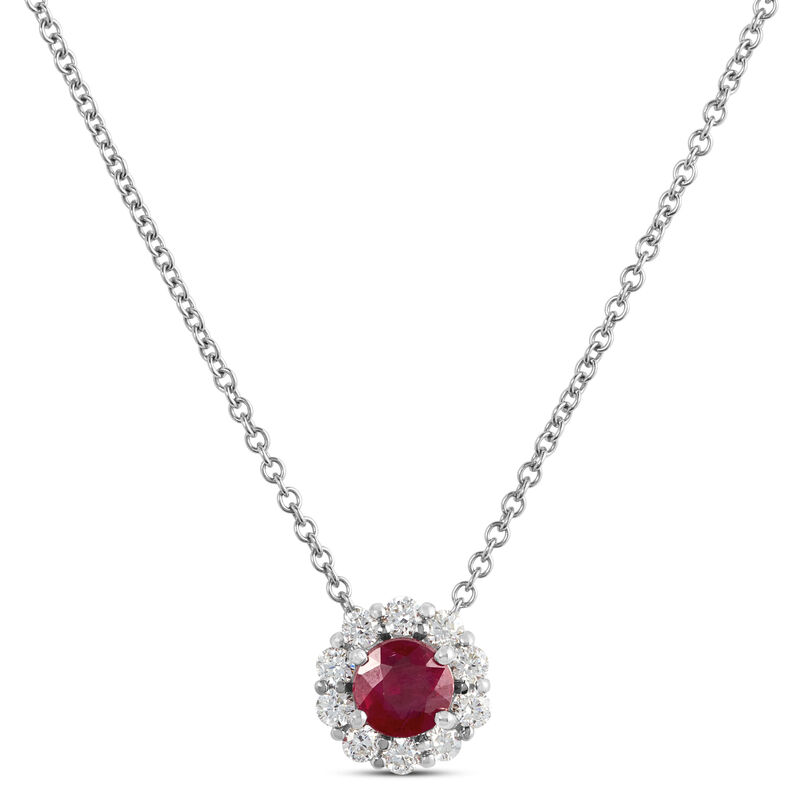 Ruby Pendant Necklace With Diamond Halo, 14K White Gold image number 0
