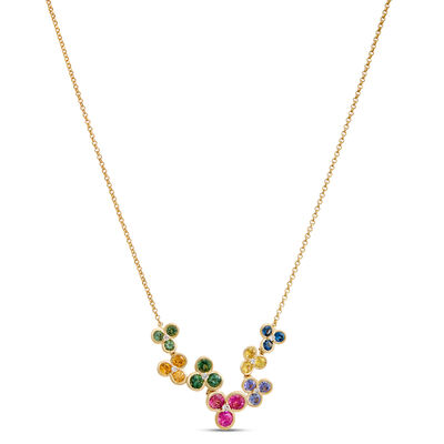 Classic Round Rainbow Sapphire Clusters Necklace, 14K Yellow Gold
