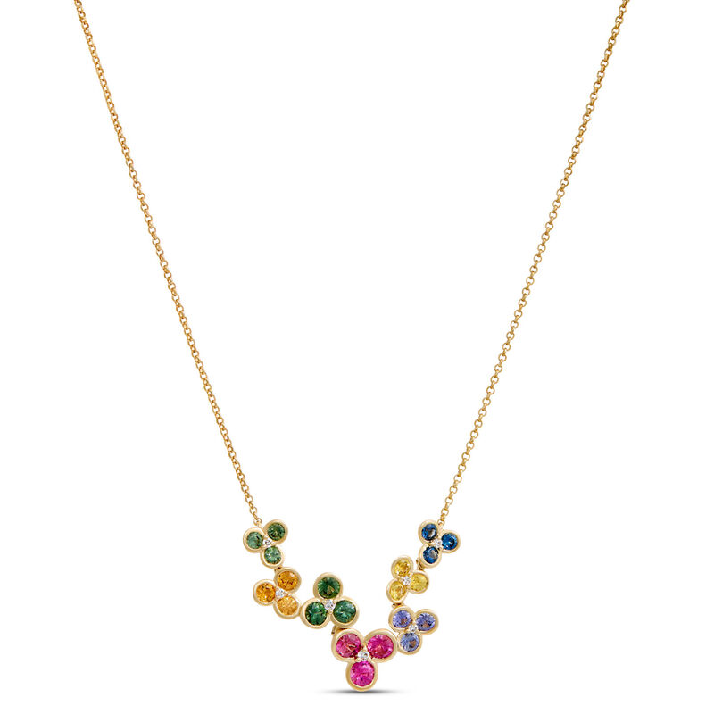 Classic Round Rainbow Sapphire Clusters Necklace, 14K Yellow Gold image number 0