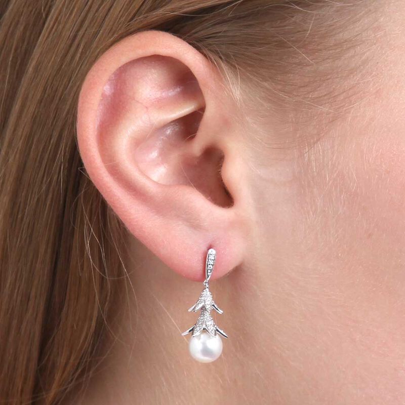 Floral Cultured Freshwater Pearl & Diamond Earrings 14K image number 1