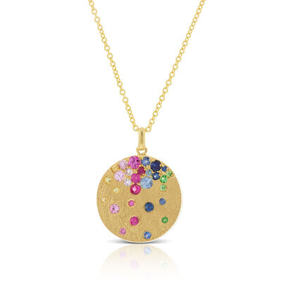 Rainbow Sapphire & Tsavorite Garnet Disc Necklace 14K