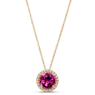 Round Rhodolite Halo Necklace, 14K Yellow Gold