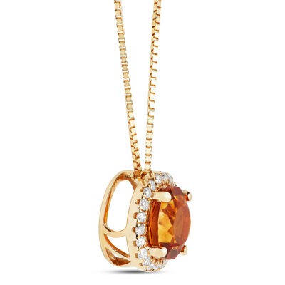 Round Cut Citrine and Diamond Halo Pendant Necklace, 14K Yellow Gold