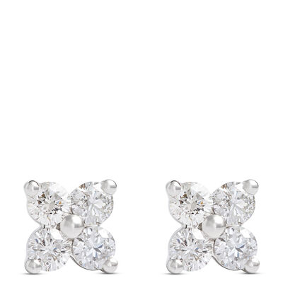 Flower Shaped Round Studs, &frac12; Carat Total Weight, 14K White Gold