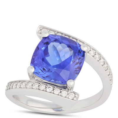 Cushion Cut Tanzanite and Diamond Ring, &frac14; Carat Total Weight 14K White Gold