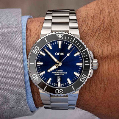 Oris Aquis Date Watch Blue Dial Steel Bracelet, 43.5mm