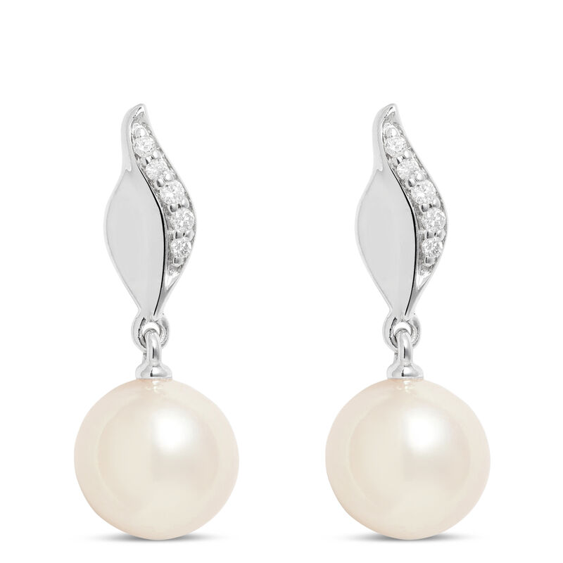 Cultured Freshwater Pearl and Diamond Wavy Earrings, 14K White Gold image number 1