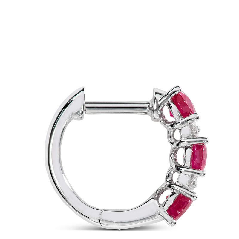 Oval Cut Ruby and Diamond Hoop Earrings, 14K White Gold image number 2