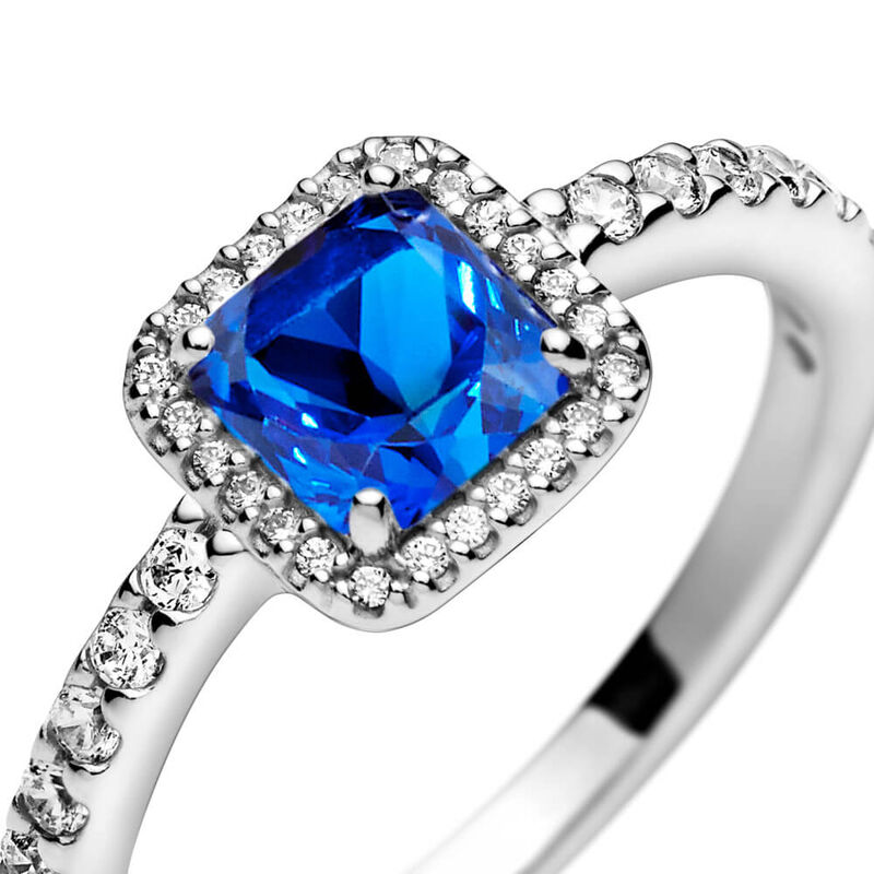 defect Ondenkbaar Onverschilligheid Pandora Square Sparkle Halo CZ & Blue Crystal Ring