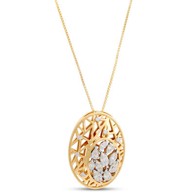 Filigree Pendant Necklace with Diamond Cluster, 1 Carat, 14k Yellow Gold