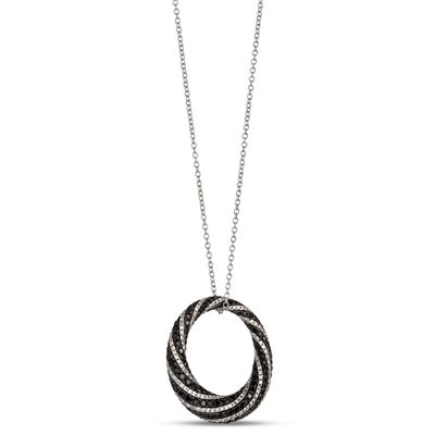 Classic Twisted Circle Pendant with Black and White Round Diamonds, 1 &frac12; Carat Total Weight, 14K White Gold