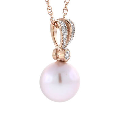 Rose Gold Freshwater Cultured Pearl & Diamond Pendant 14K
