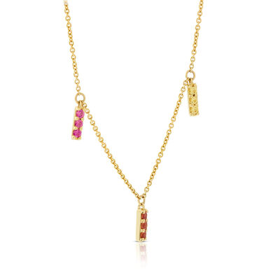 Rainbow Sapphire & Tsavorite Garnet Dangle Bar Necklace 14K