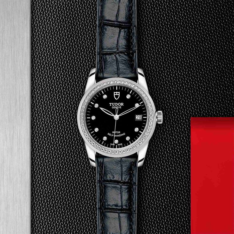 TUDOR Glamour Date Watch Black Dial Black Leather Strap, 36mm image number 4
