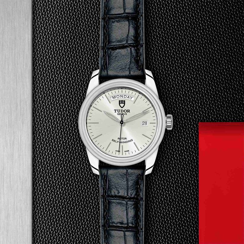 TUDOR Glamour Date+Day Watch Silver Dial Black Leather Strap, 39mm image number 3