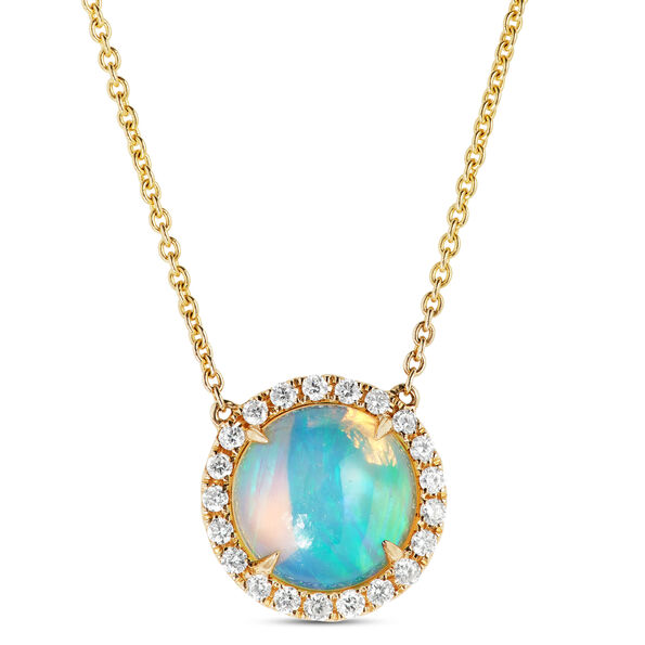 Round Opal and Diamond Halo Necklace, 14K Yellow Gold