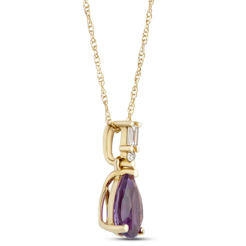 Pear Shaped Amethyst Pendant Necklace with Diamond Accents, 1/10 Carat Total Weight, 14K Yellow Gold image number 1