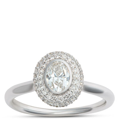 Oval Diamond Engagement Ring with Double Halo, 14K White Gold