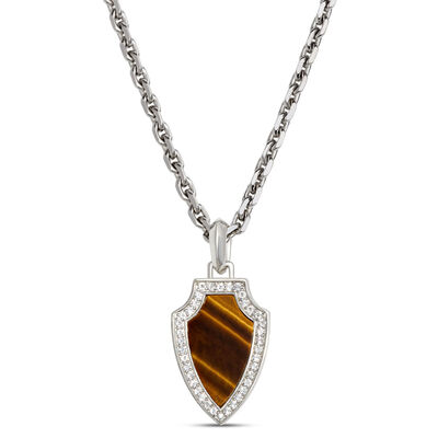 Tiger’s Eye and White Sapphire Shield Necklace, Sterling Silver