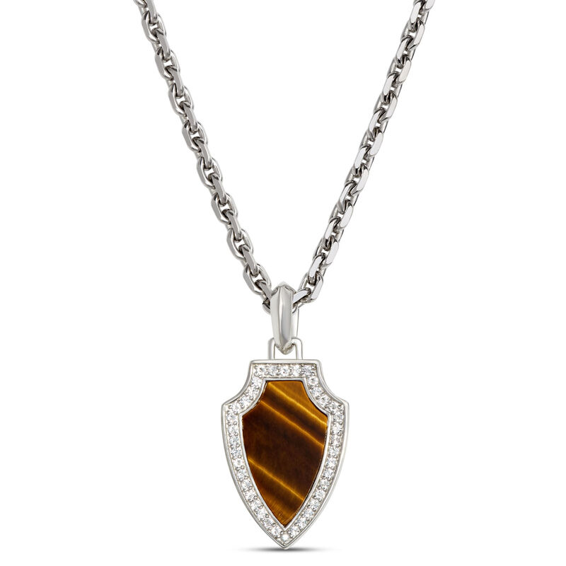 Tiger’s Eye and White Sapphire Shield Necklace, Sterling Silver image number 0