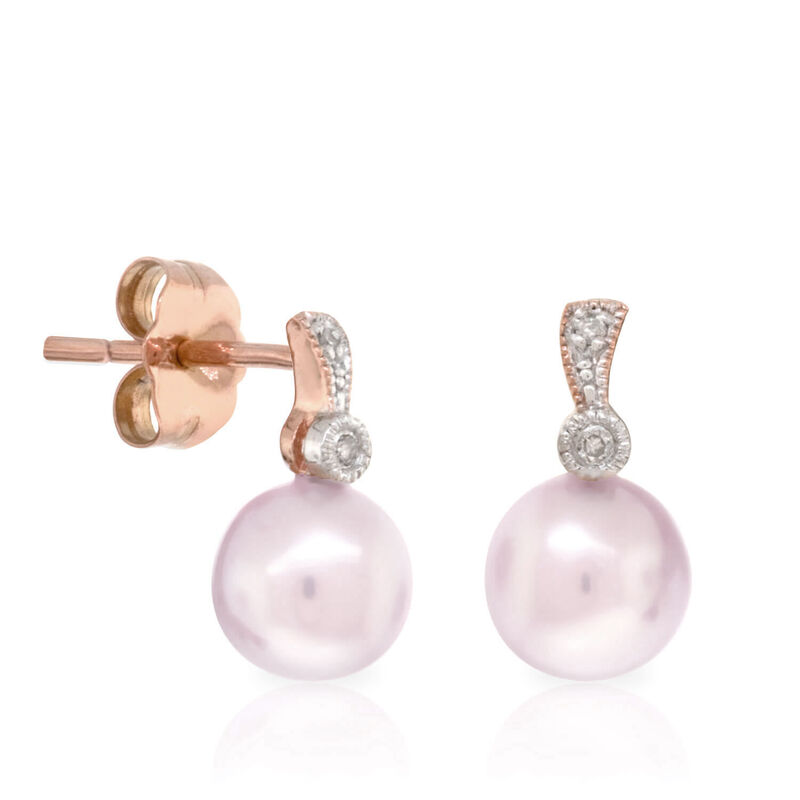 Rose Gold Pink Freshwater Cultured Pearl & Diamond Earrings 14K image number 0
