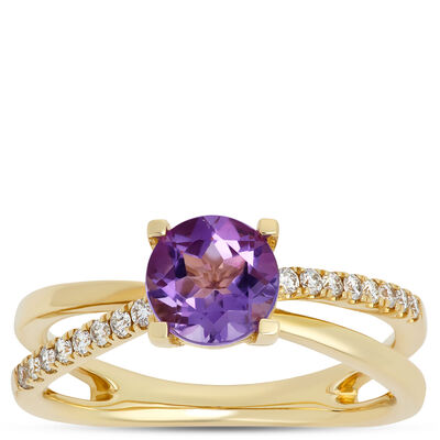 Classic Round Amethyst Ring With Accent Diamonds and Crisscross Shank, 14K Yellow Gold