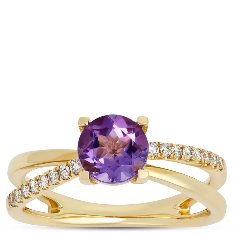 Classic Round Amethyst Ring With Accent Diamonds and Crisscross Shank, 14K Yellow Gold image number 0