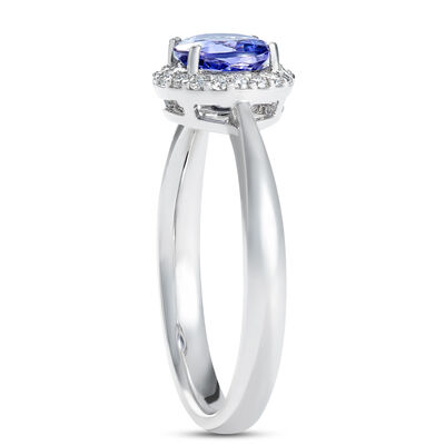 Round Tanzanite and Diamond Ring, ⅕ Total Carat Weight, 14K White Gold