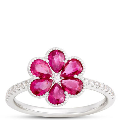 Flower Shaped Ruby Ring, 14K White Gold