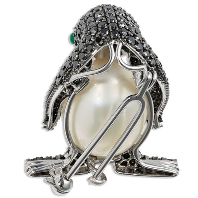 Penguin Brooch with Pearl, Emerald, and Black Diamonds, 18K White Gold