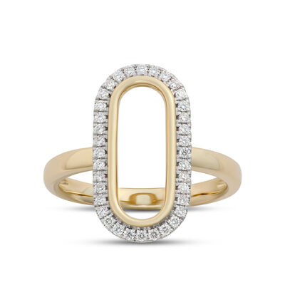 Oval Shaped Open Center Diamond Ring, 14K White and Yellow Gold