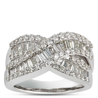Round and Trapezoid Diamond Crisscross Ring, 18K White Gold Size 7