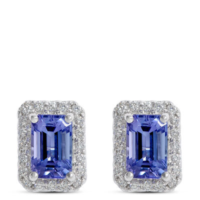 Emerald Cut Tanzanite and Diamond Studs, 14K White Gold