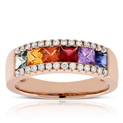 Rose Gold Rainbow Sapphire & Diamond Ring 14K