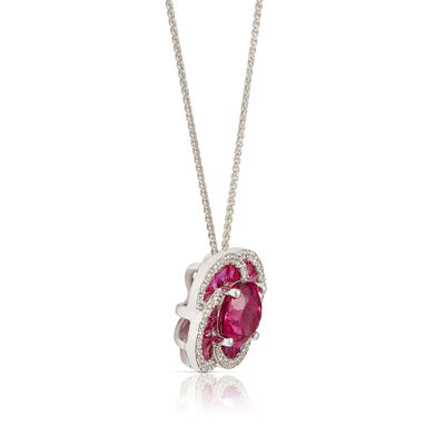 Pink Tourmaline, Baguette Ruby & Diamond Flower Necklace 14K