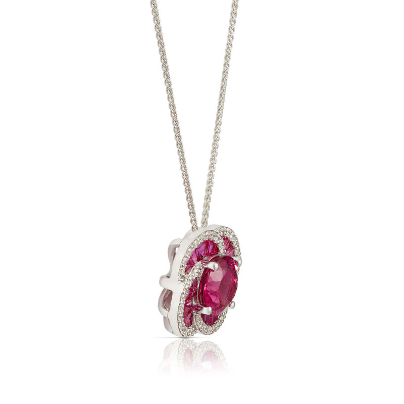 Pink Tourmaline, Baguette Ruby & Diamond Flower Necklace 14K image number 1