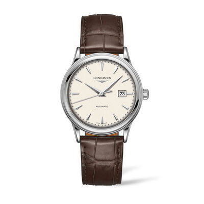 Longines Flagship Watch Beige Dial Brown Leather Strap, 40mm