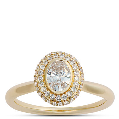 Oval Diamond Engagement Ring with Double Halo, 14K Yellow Gold