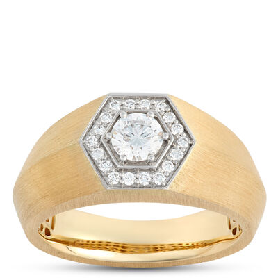 Hexagon Ring with Round Diamonds and Brushed Shank, 0.66 Total Carat Weight, 18K Yellow Gold