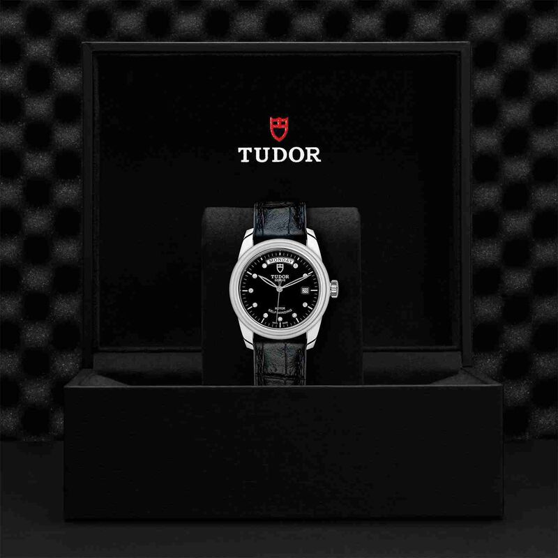 TUDOR Glamour Date+Day Watch Black Dial Black Leather Strap, 39mm image number 1