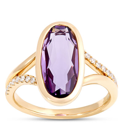 Long Oval Amethyst Ring, 14K Yellow Gold